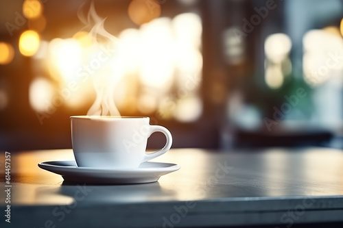 A Closeup Encounter with a White Coffee Cup on a Cafe Table  Surrounded by Blissful Ambiance. created with Generative AI