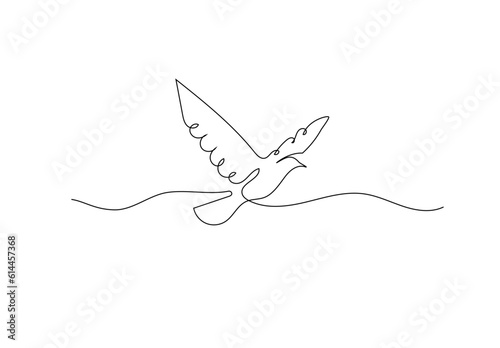 One continuous line drawing of flying bird.  Linear vector illustration of dove