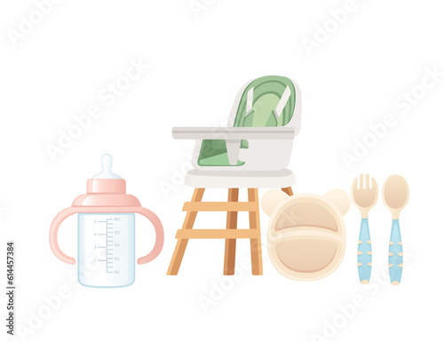 Set of items for baby care baby chair milk bottle and cutlery vector illustration isolated on white background