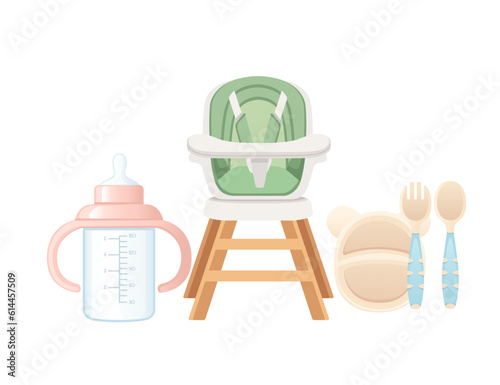 Set of items for baby care baby chair milk bottle and cutlery vector illustration isolated on white background