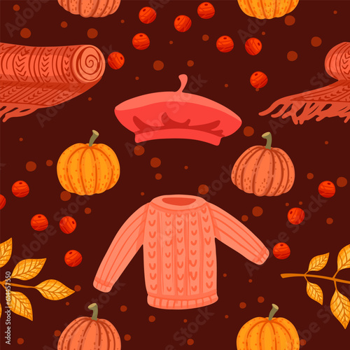 Autumn theme seamless pattern with sweater pumpkin hat and leaves vector illustration photo