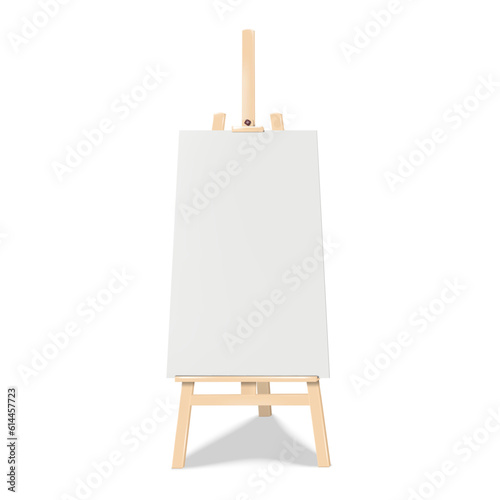 Wooden display easel stand with poster board realistic vector mock-up. Collapsible A-frame chalk board banner sign mockup
