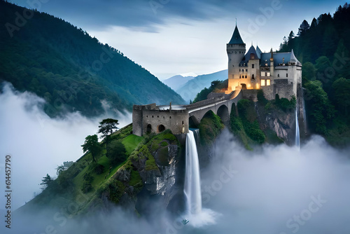 A legendary castle perched atop a rugged mountain peak, surrounded by swirling mist and thunderous waterfalls