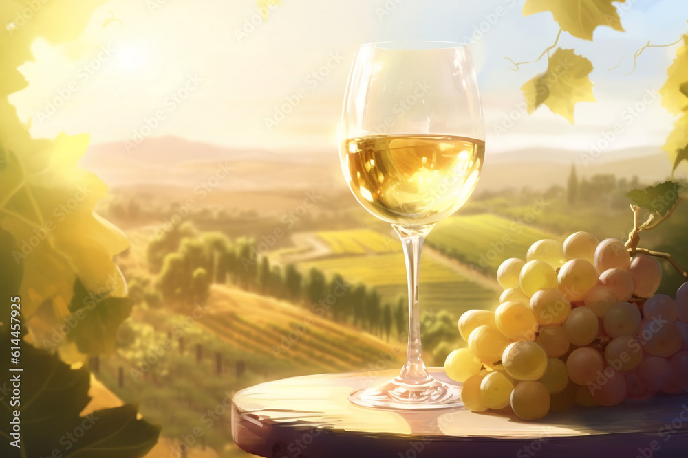 One glass of white wine standing on a table next to a bunch of grapes in the shade overlooking a sunny summer field with vineyards, Horizontal illustration, Generative AI