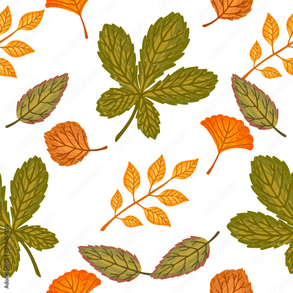 Seamless pattern of colorful autumn leaves vector illustration on white background