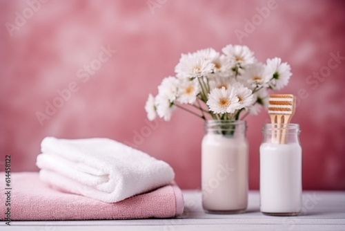 Toothbrush, toothpaste and white towels, pink flowers with copy space. Aromatherapy and Oral care, body hygiene and morning daily routines