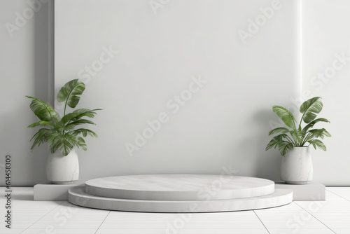 3d gray stage background product display podium stage with leaf platform. gray background vector 3d render with podium. stand to display cosmetic product. 3d Stage showcase on display white background