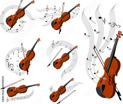 Musical instruments. Violin set with notes. Vector illustration