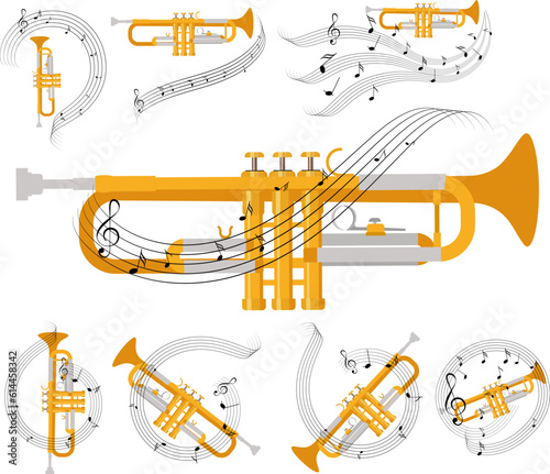 Musical instruments. Musical trumpet  set with notes. Vector illustration