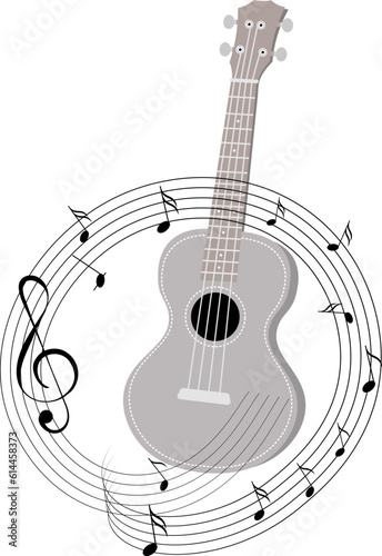 Musical instruments. Guitar ukulele in a circle of notes. Vector illustration