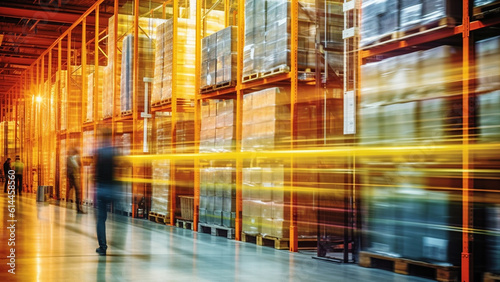 Logistics business warehouse  shipment and loading concept. workers in reflective vests blurred with movement. Staff in a warehouse move between storage racks  motion blur background