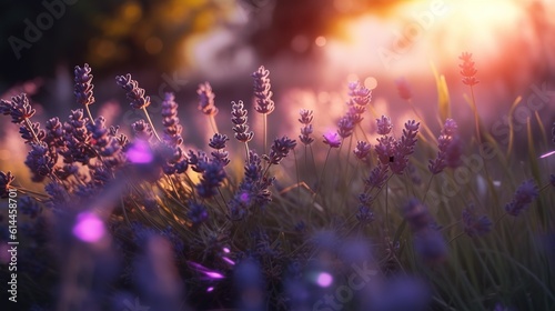 Lavender flower field background. Glade with purple flowers and green grass. Generative AI. Illustration for banner, poster, cover or presentation.