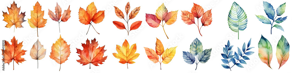Fototapeta premium Watercolor leaves and branches, fall leaves illustration transparent background, PNG ,Generative AI
