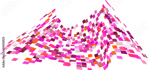 Scattered square particles ornament. Mosaic flight wind. Windy destroyed cell wall. Flight colored tiles flock direction stream.Leaf fall conditional parts single whole. Crash curved surface.