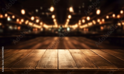 Canvas Print Empty wooden table and blurred background of hall of stage bar or cafe with bokeh lights