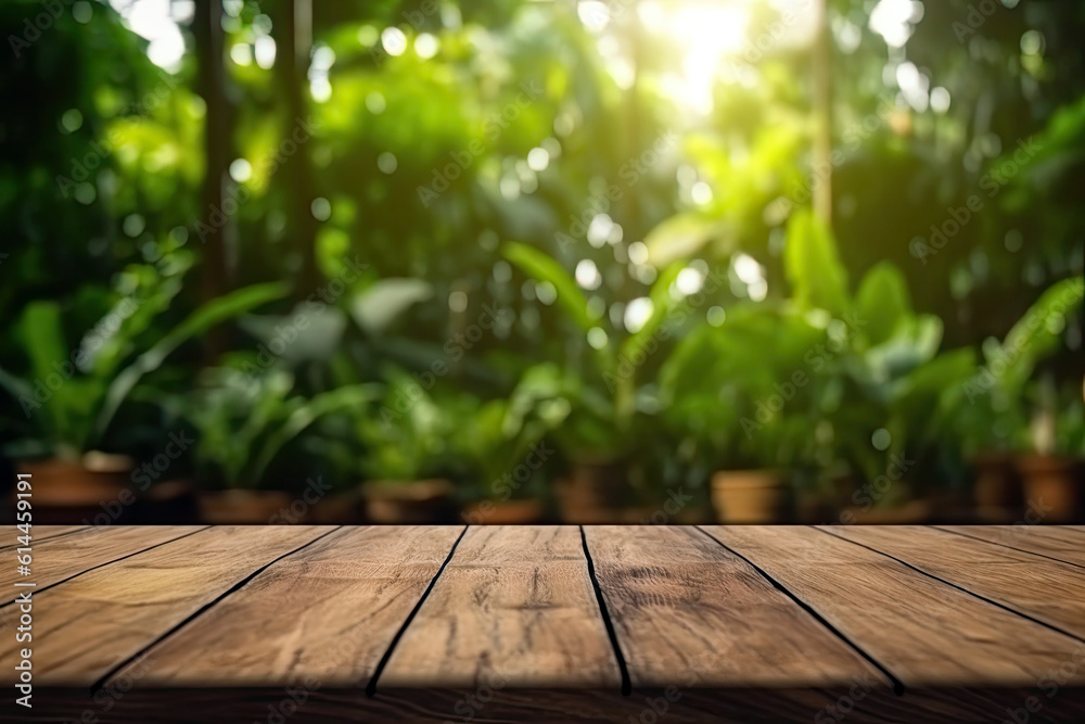 Wooden table top empty on blurred background of green garden with sunlight. High quality photo Wooden table top empty on blurred background of green garden with sunlight. High quality photo