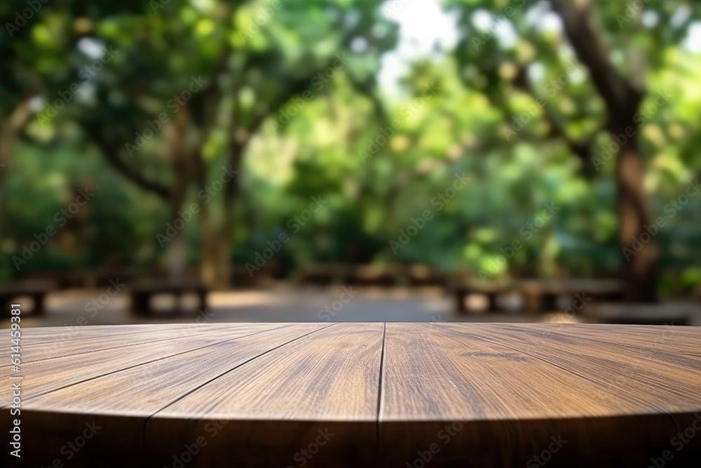 Empty wooden table and blurred background of park forest, product display montage. High quality photo Empty wooden table and blurred background of park forest, product display montage. High quality photo