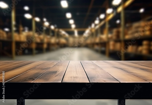Empty wooden table and blurred warehouse background, product display montage. High quality photo