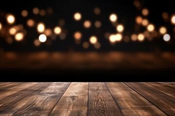 Wooden table in front of blurred background with bokeh lights. High quality photo