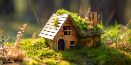 Eco house, Green and environmentally friendly housing concept Miniature wooden house in spring grass, moss and ferns on a sunny day, Generative AI