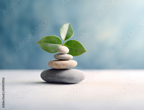 Stone cairn on striped grey white background, five stones tower, simple poise stones, simplicity harmony and balance, rock zen sculptures 