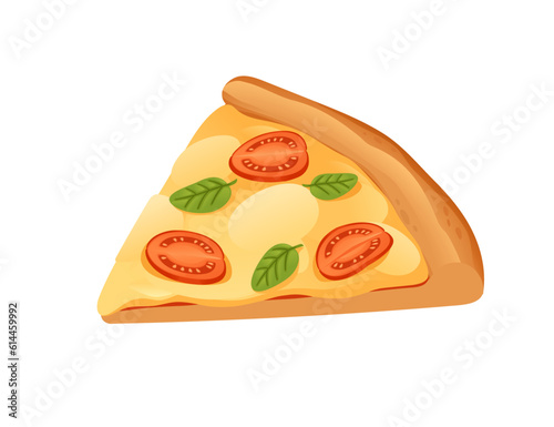 Slice of pizza with cheese tomato and basil vector illustration isolated on white background