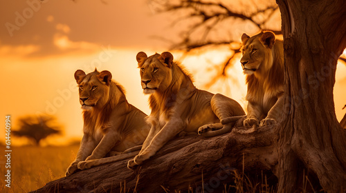 Lions elegant resting while sunset in savanna