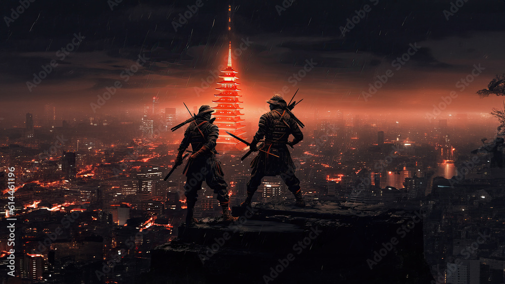Fototapeta premium The Ninja at Tokyo Tower nighttime, Wallpaper 4K, Generative AI