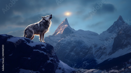 Majestic wolf in night with full moon