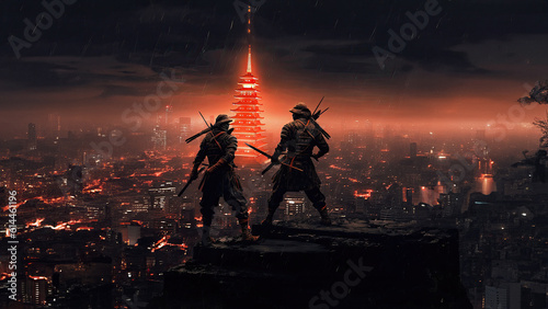 The Ninja at Tokyo Tower nighttime  Wallpaper 4K  Generative AI