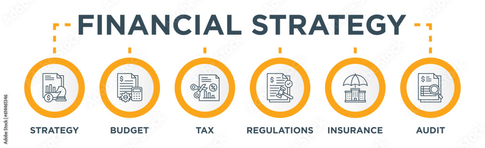 Financial Strategy Banner Web Concept with Financial Strategy, Budget Management, Tax Planning, Financial Regulations, Insurance, Financial Audit Financial Strategy Banner Web Concept with Financial Strategy, Budget Management, Tax Planning, Financial Regulations, Insurance, Financial Audit