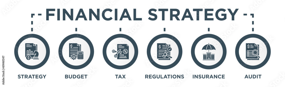 Financial Strategy Banner Web Concept with Financial Strategy, Budget Management, Tax Planning, Financial Regulations, Insurance, Financial Audit Financial Strategy Banner Web Concept with Financial Strategy, Budget Management, Tax Planning, Financial Regulations, Insurance, Financial Audit