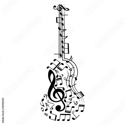 Musical instrument shape with music notes, symbol isolated on white background, vector illustration.