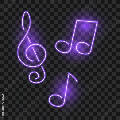 Neon music notes, isolated, vector illustration.