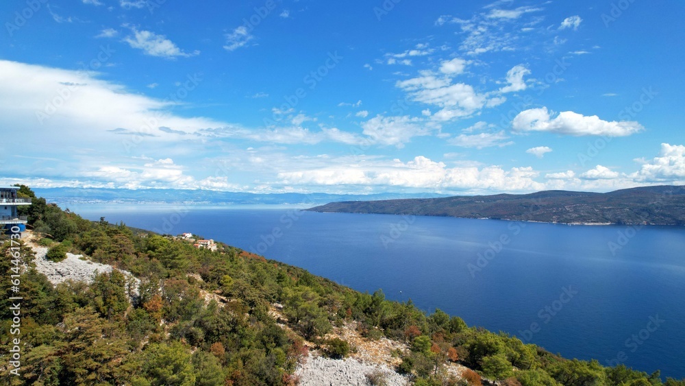 Plomin - Croatia - Top viewpoint with an outstanding view of the Kvarner Bay - An aerial drone view of the beautiful Croatian coastal landscape