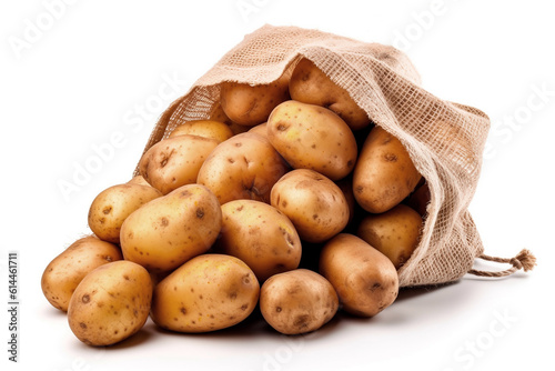 Raw potatoes in burlap sack isolated on white background