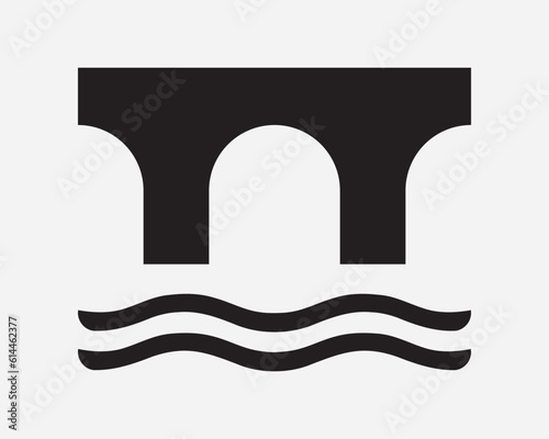 Arch Bridge with Water Icon River Architecture Support Column Pillar Crossing Black White Sign Symbol Illustration Artwork Graphic Clipart EPS Vector