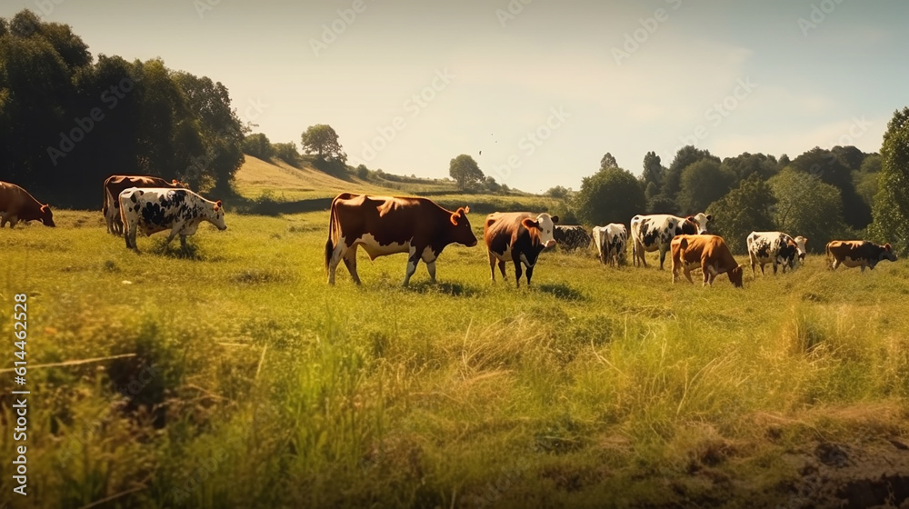 Generative AI image of serene pastoral scene: Content cows leisurely graze in a sun-kissed meadow, their gentle movements and warm hues blending harmoniously with the lush greenery Generative AI image of serene pastoral scene: Content cows leisurely graze in a sun-kissed meadow, their gentle movements and warm hues blending harmoniously with the lush greenery