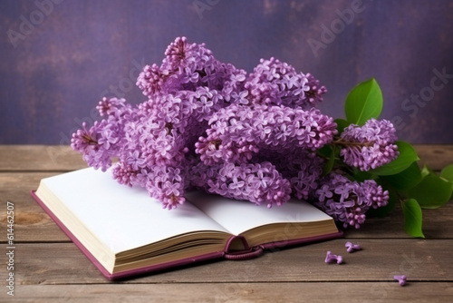 Bunches of lilac on brown wood old table with blank notebook, space for text