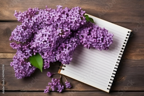 Bunches of lilac on brown wood old table with blank notebook  space for text