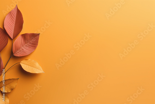 Orange background with fallen autumn leaves and copy space. Generative AI