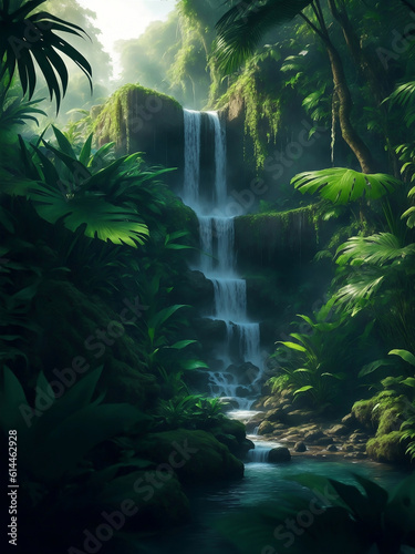 A beautiful waterfall in forest  Generative AI Illustration.