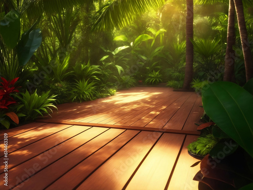 Tropical garden with wooden floor, Generative AI Illustration.