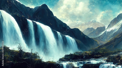 Digital Painting of a Mountainous Waterfall Landscape