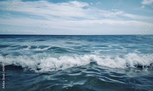 a blurry photo of a body of water with waves in the water and the sky in the back ground and the water is blue and white, Generative AI