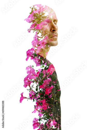 An artistic double exposure half frontal portrait of a man and pink flowers