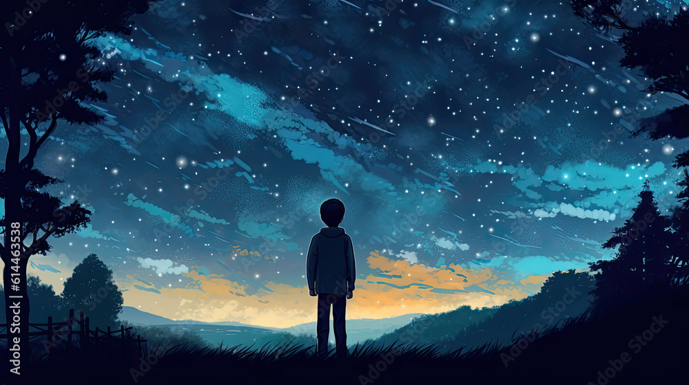 Illustration of a boy looking at night starry sky. Generative AI