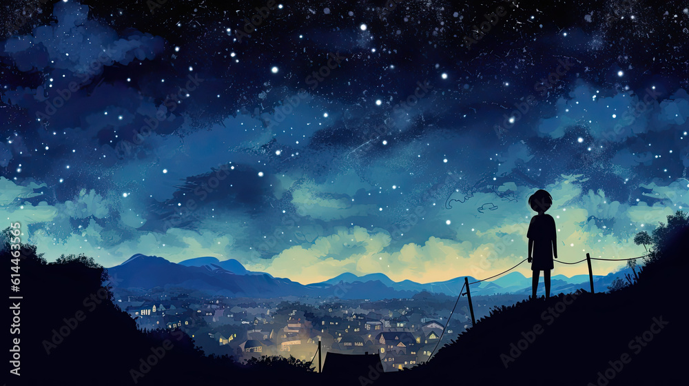 Illustration of a boy looking at night starry sky. Generative AI