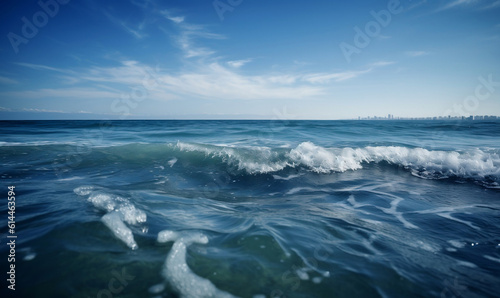 a blurry photo of a body of water with waves in the water and the sky in the back ground and the water is blue and white, Generative AI