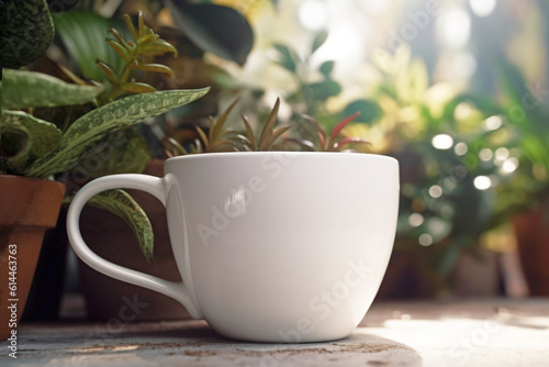 White coffee or tea cup in front of plants. Generative AI illustration